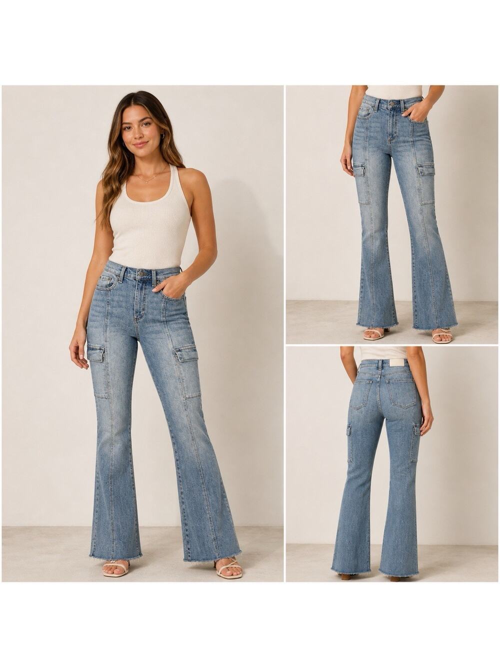 Pistola Dana Cargo Jeans Women’s Size 25‎ Light Wash High Rise Flare Raw Hem